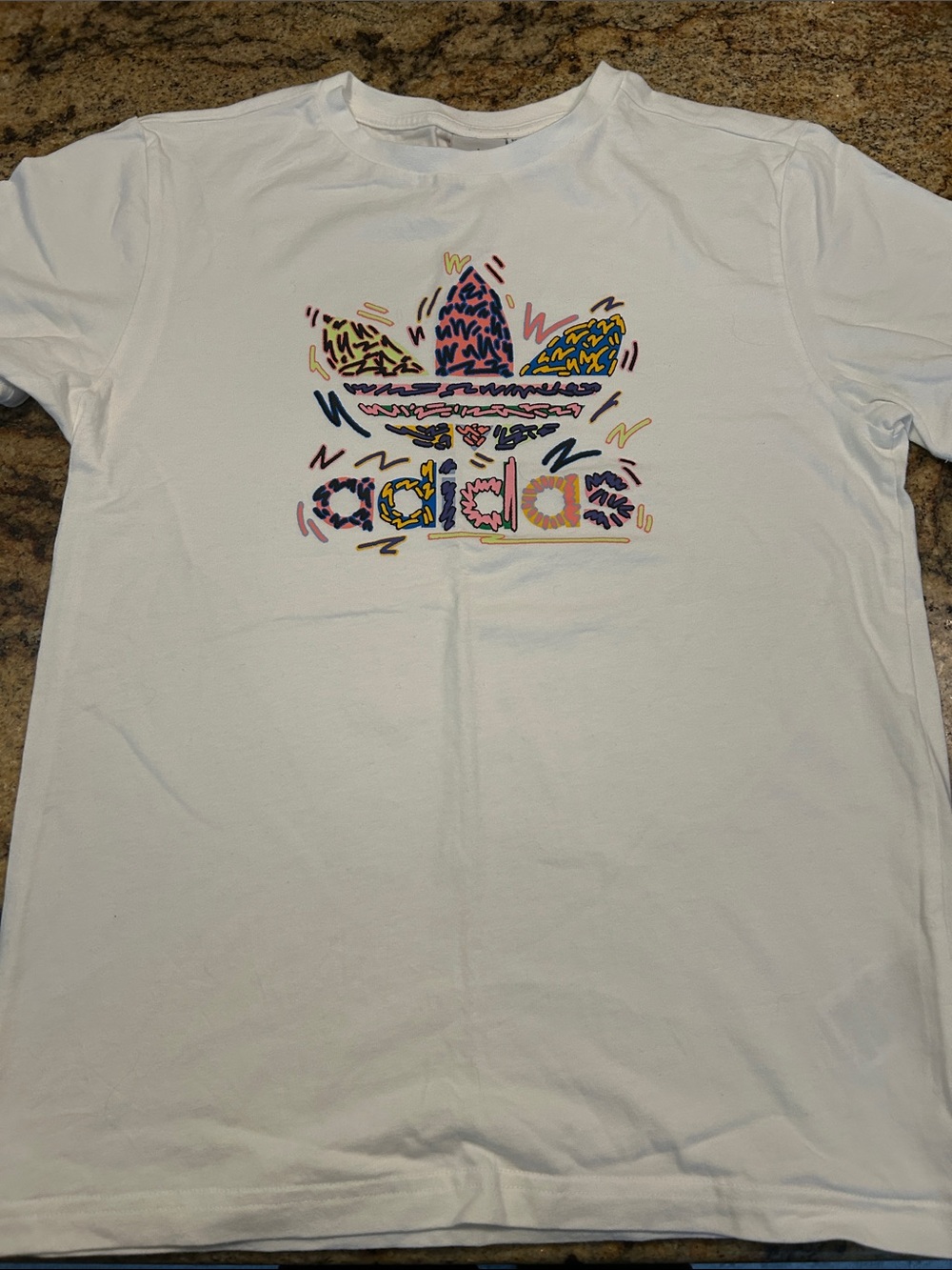 adidas White Short-Sleeve Tee with Colorful Trefoil Print